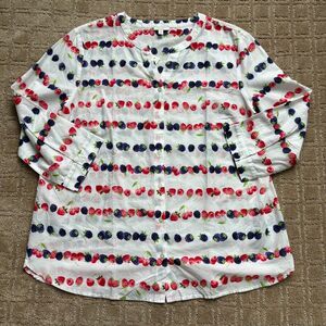 Talbots Berry Print Cotton Blouse Women's Large Petite Strawberry Fruit NWT
